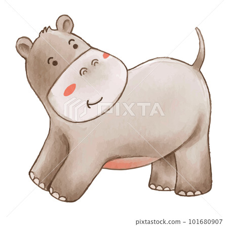 Hippopotamus . Watercolor paint design . Cute animal cartoon character . Standing position . Vector . Hippopotamus . Watercolor paint design . Cute animal cartoon character . Standing position . Vector . 101680907