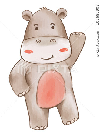 Hippopotamus . Watercolor paint design . Cute animal cartoon character . Raise hand position . Vector . Hippopotamus . Watercolor paint design . Cute animal cartoon character . Raise hand position . Vector . 101680908