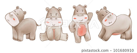 Hippopotamus . Watercolor paint design . Set of cute animal cartoon character . Vector . Hippopotamus . Watercolor paint design . Set of cute animal cartoon character . Vector . 101680910
