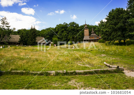 Old wooden church in the village 101681054