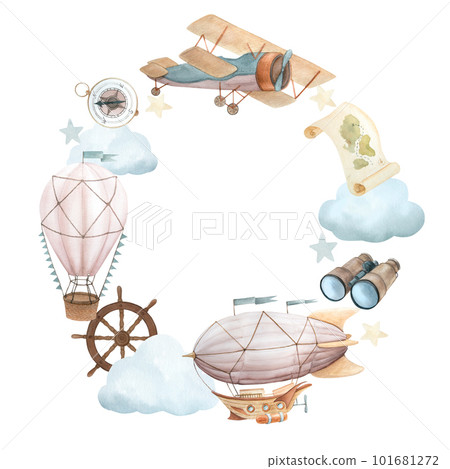 Watercolor illustration of wreath with flying vehicles and travel attributes. Airship, retro plane, hot air balloon, binoculars, steering wheel, stars, clouds, flags, compass, map, vintage paper 101681272