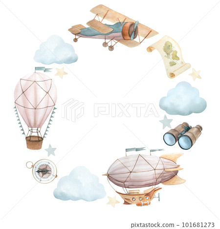 Watercolor illustration of wreath with flying vehicles and travel attributes. Airship, retro plane, hot air balloon, binoculars, steering wheel, stars, clouds, flags, compass, map, vintage paper 101681273