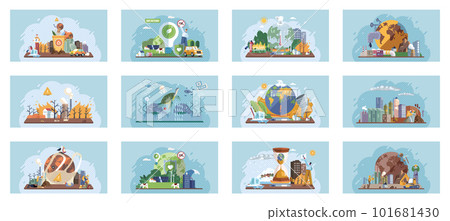 Toxic waste from human set. Industries create pollution and cities affected by pollution. Climate change 101681430