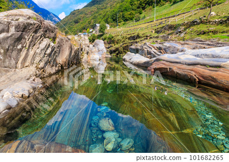 View of the Verzasca river in Lavertezzo, Verzasca Valley, Ticino Canton, Switzerland View of the Verzasca river in Lavertezzo, Verzasca Valley, Ticino Canton, Switzerland 101682265