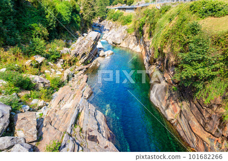 View of the Verzasca river in Lavertezzo, Verzasca Valley, Ticino Canton, Switzerland 101682266
