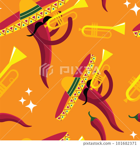 Vector seamless pattern of various Mexican-themed objects: musical instruments, sombrero hats, vegetables. Background, wallpaper, textile or paper print. Vector seamless pattern of various Mexican-themed objects: musical instruments, sombrero hats, vegetables. Background, wallpaper, textile or paper print. 101682371