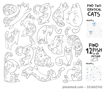 Find two identical cats in the picture. Find 10 fish in the image. Puzzle Hidden Items. Educational game for children 101682542