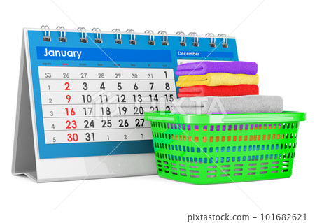 Laundry basket full of clean clothes with desk calendar, 3D rendering 101682621