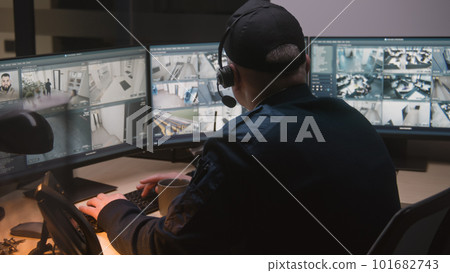Security guard uses software with surveillance cameras playback 101682743