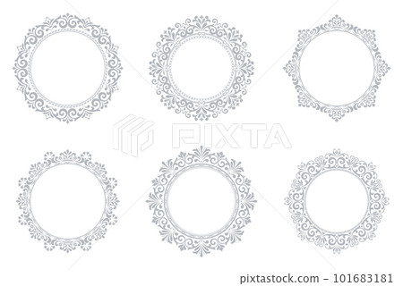 Set of decorative frames Elegant vector element for design in Eastern style, place for text. Floral gray and white borders. Lace illustration for invitations and greeting cards 101683181