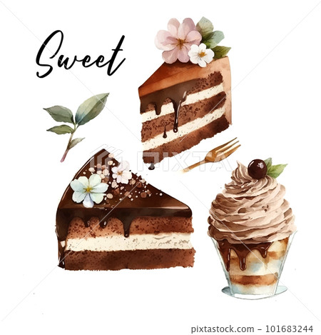 chocolate cake desert watercolor Slice of chocolate cake. Sketch watercolor style. Vector illustration. 101683244
