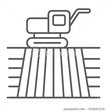 Combine harvester on field thin line icon, farming and agriculture, farm vehicle sign vector graphics, a linear pattern on a white background, eps 10. Combine harvester on field thin line icon, farming and agriculture, farm vehicle sign vector graphics, a linear pattern on a white background, eps 10. 101683319