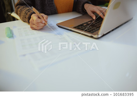 business woman with documents and laptop working 101683395
