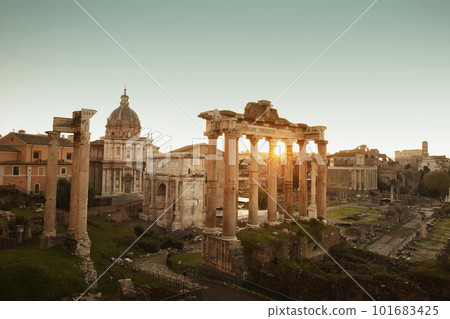Panorama of Roman Forum at sunrise in Rome city, Italy Panorama of Roman Forum at sunrise in Rome city, Italy 101683425