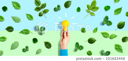 Person holding a lightbulb with green leaves Person holding a lightbulb with green leaves 101683448