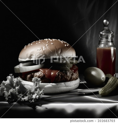 Juicy burger photorealistic illustration on abstract background. Delicious American takeaway street food with meat made on grill. Fast-casual snack. AI generated realistic illustration of cheeseburger Juicy burger photorealistic illustration on abstract background. Delicious American takeaway street food with meat made on grill. Fast-casual snack. AI generated realistic illustration of cheeseburger 101683703