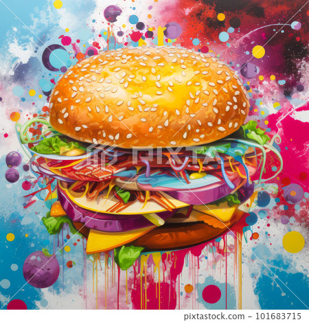 Juicy burger painting on abstract background. Delicious American takeaway street food with meat made on grill. Fast-casual snack. AI generated artistic drawing of cheeseburger. Juicy burger painting on abstract background. Delicious American takeaway street food with meat made on grill. Fast-casual snack. AI generated artistic drawing of cheeseburger. 101683715