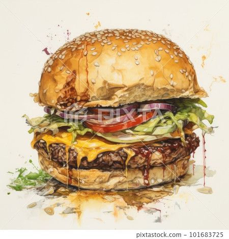 Juicy burger painting on abstract background. Delicious American takeaway street food with meat made on grill. Fast-casual snack. AI generated artistic drawing of cheeseburger. Juicy burger painting on abstract background. Delicious American takeaway street food with meat made on grill. Fast-casual snack. AI generated artistic drawing of cheeseburger. 101683725