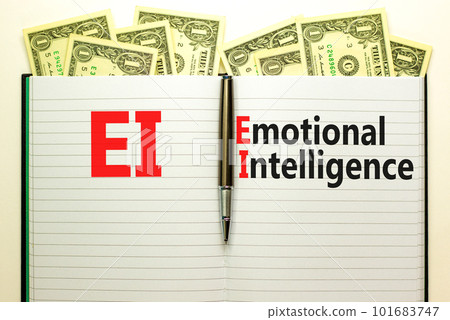 EI emotional intelligence symbol. Concept words EI emotional intelligence on white note. Metallic pen. Dollar bills. Beautiful white background. Business EI emotional intelligence concept, copy space. EI emotional intelligence symbol. Concept words EI emotional intelligence on white note. Metallic pen. Dollar bills. Beautiful white background. Business EI emotional intelligence concept, copy space. 101683747