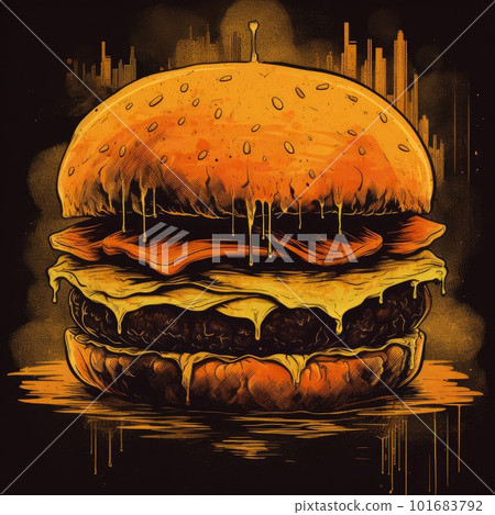 Juicy burger painting on abstract background. Delicious American takeaway street food with meat made on grill. Fast-casual snack. AI generated artistic drawing of cheeseburger. Juicy burger painting on abstract background. Delicious American takeaway street food with meat made on grill. Fast-casual snack. AI generated artistic drawing of cheeseburger. 101683792
