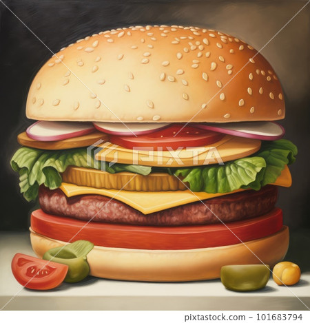 Juicy burger painting on abstract background. Delicious American takeaway street food with meat made on grill. Fast-casual snack. AI generated artistic drawing of cheeseburger. 101683794