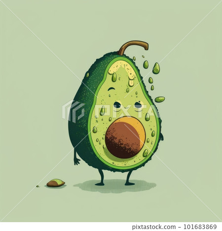 Illustration of green avocado character isolated on neutral background. Vegan and vegetarian organic food. AI generated half of healthy fruit with seed cartoon drawing illustration. 101683869