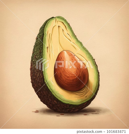 Illustration of green avocado drawing isolated on neutral background. Vegan and vegetarian organic food. AI generated half of healthy fruit with seed illustration. 101683871
