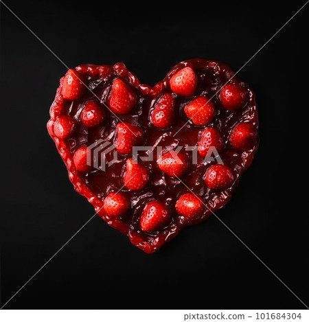 Heart made of strawberry jam on black background. Natural sweet pie dessert, sweet red jam in the shape of heart artistic illustration. Decorative ai generated poster. 101684304
