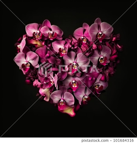 Heart made of magenta orchid buds on black background. Natural violet flower buds and petals in the shape of heart artistic illustration. Decorative botanical ai generated poster. 101684316