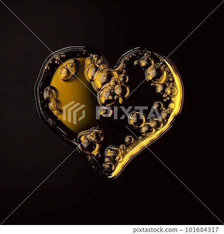 Heart made of olive oil isolated on black background. Love and passion symbolic artistic illustration. Decorative oily gold valentine heart ai generated poster. 101684317