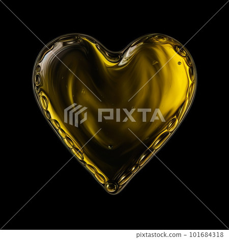 Heart made of olive oil isolated on black background. Love and passion symbolic artistic illustration. Decorative oily gold valentine heart ai generated poster. 101684318