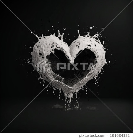 milk splashes heart isolated on black background. Love and passion symbolic artistic illustration. Decorative liquid milk drops valentine heart ai generated poster. 101684321