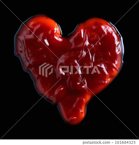 Heart made of red ketchup on black background. Natural tomato marinara sause splash in the shape of heart artistic illustration. Decorative ai generated poster. 101684325