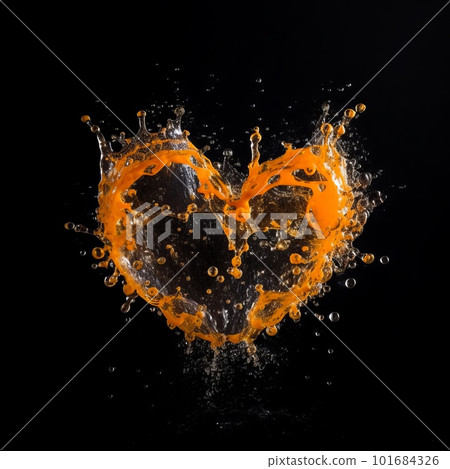 Heart made of juice splashes isolated on black background. Love and passion symbolic artistic illustration. Decorative orange water valentine heart ai generated poster. 101684326