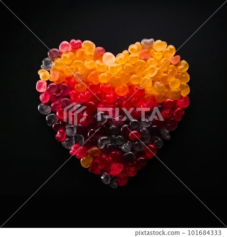 Heart made of jelly candies on black background. Natural colorful chewy sweets, jelly candy in the shape of heart artistic illustration. Decorative ai generated poster. 101684333