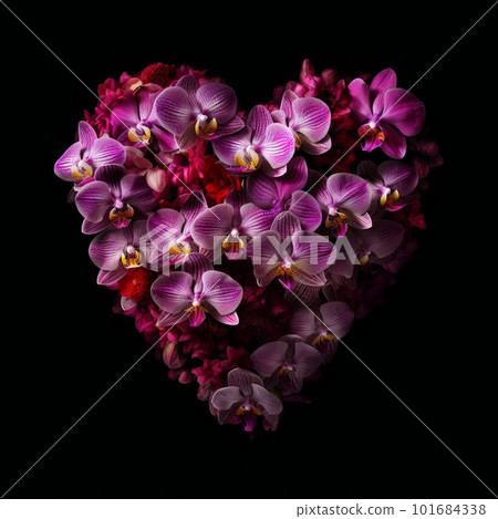 Heart made of magenta orchid buds on black background. Natural violet flower buds and petals in the shape of heart artistic illustration. Decorative botanical ai generated poster. Heart made of magenta orchid buds on black background. Natural violet flower buds and petals in the shape of heart artistic illustration. Decorative botanical ai generated poster. 101684338