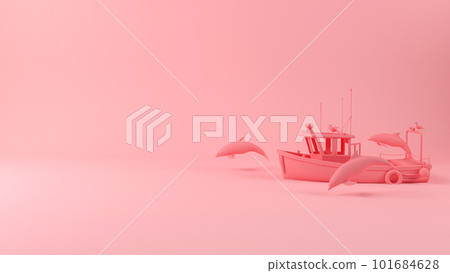 Sailing by fishing boat and dolphins lead the way, 3d rendering 101684628