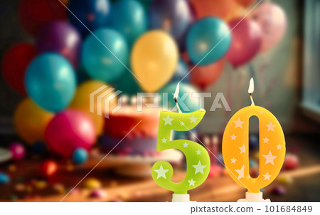 Happy birthday card with candle number 50 against festive background with balloons and Birthday cake. Copy space happy birthday for fifty years. Celebrating 101684849