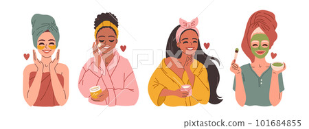 Women moisturizing skin set. Set of women applying cleansing and moisturizing face skincare products at home. Women moisturizing skin set. Set of women applying cleansing and moisturizing face skincare products at home. 101684855