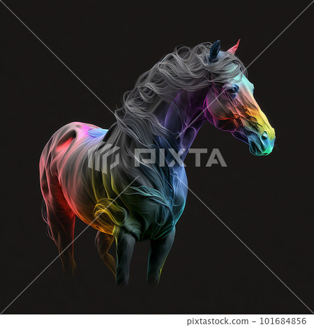 Horse head portrait painted with all colors of the rainbow on a black background, unusual illustration, fairytale background, creative magic wallpaper Horse head portrait painted with all colors of the rainbow on a black background, unusual illustration, fairytale background, creative magic wallpaper 101684856