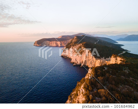 aerial view of Lefkada island lighthouse at the cliff 101684962