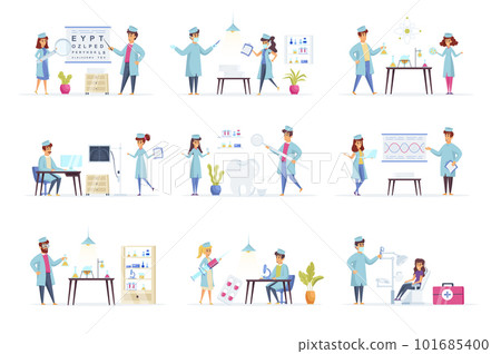 Medicine scenes bundle with people characters. Laboratory diagnostics, genetic research, ophthalmology, radiology and stomatology situations. Diagnosis and treatment in clinic flat vector illustration 101685400