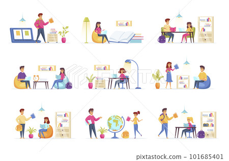 Education scenes bundle with people characters. Distance learning and self education, students study at home, read book in library situations. Online education platform flat vector illustration. Education scenes bundle with people characters. Distance learning and self education, students study at home, read book in library situations. Online education platform flat vector illustration. 101685401