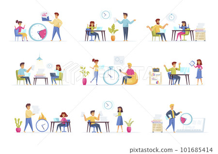Deadline scenes bundle with people characters. Tired employees hurrying up on project deadline, stressful situation and overtime work. Time management and work effectivity flat vector illustration. 101685414