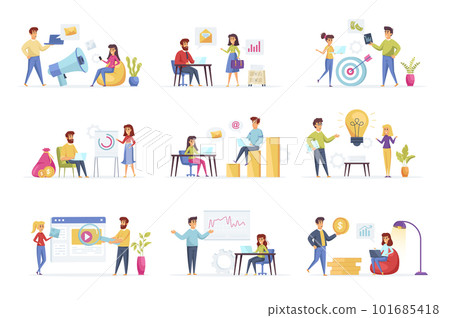 Marketing strategy bundle with people characters. Marketing department teamwork, research and presentation in office situations. Social media and digital content marketing flat vector illustration. Marketing strategy bundle with people characters. Marketing department teamwork, research and presentation in office situations. Social media and digital content marketing flat vector illustration. 101685418