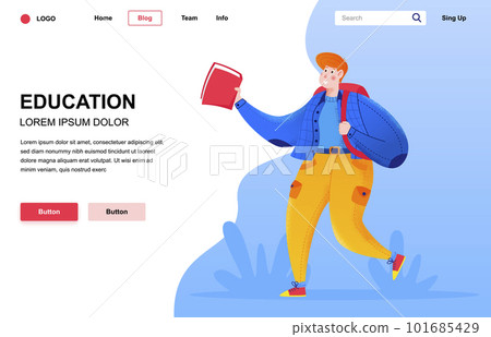 Education flat landing page composition. Happy student with backpack holding book. Colorful people character with noise texture vector illustration. Distance learning, university or college education 101685429