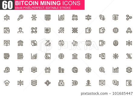Bitcoin mining thin line icon set. Cryptocurrency fintech outline pictograms for web and mobile app GUI. Blockchain technology simple UI, UX vector icons. Pixel perfect linear pictogram pack. 101685447