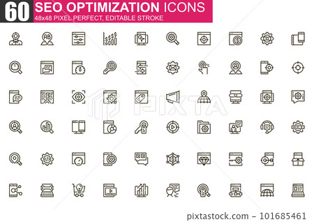 SEO optimization thin line icon set. Web analytics outline pictograms for website and mobile app GUI. Search engine optimization simple UI, UX vector icons. Pixel perfect linear pictogram pack. 101685461