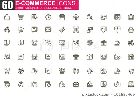 E-commerce thin line icon set. Online shopping outline pictograms for website and mobile app GUI. Order, payment and delivery simple UI, UX vector icons. Pixel perfect linear pictogram pack. 101685469