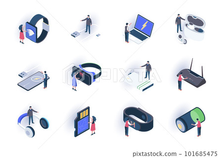 Technology devices isometric icons set. Innovative smart gadgets, modern digital technologies in life flat vector illustration. Mobile digital devices 3d isometry pictograms with people characters. 101685475